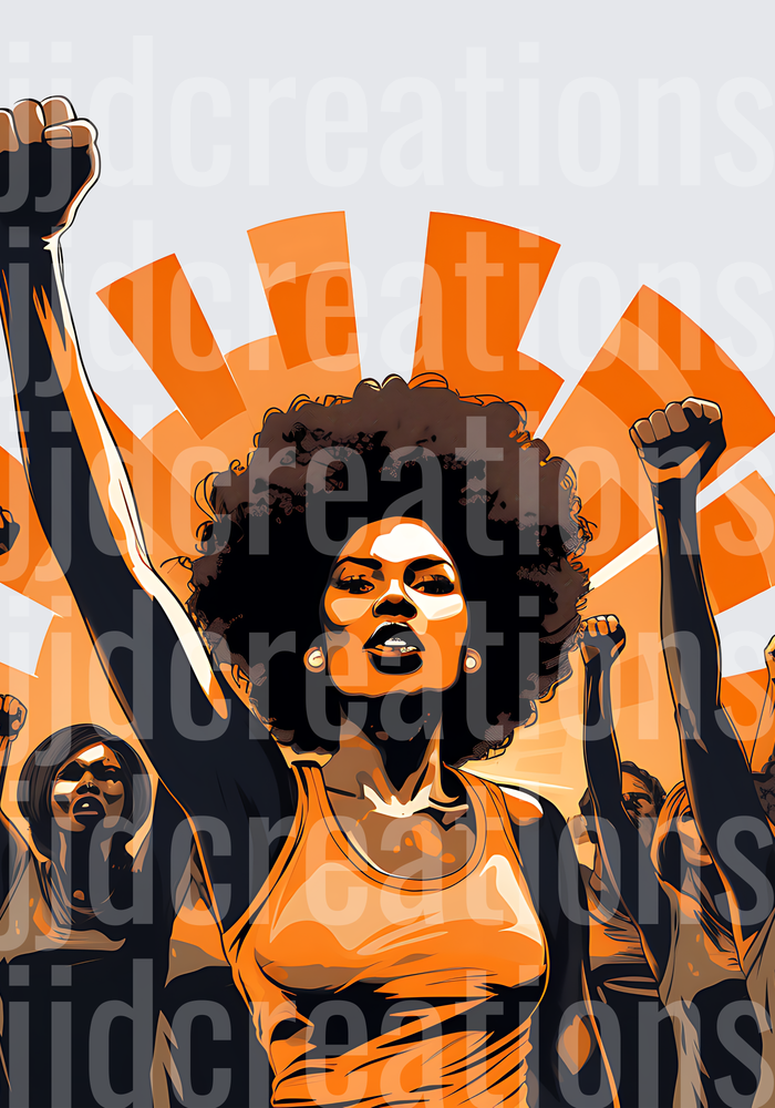 Black Power Fist Protest Rally with Afro Woman Leader