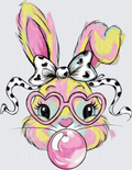 Cute Rainbow Tie-Dye Bunny with Heart Glasses Blowing Pink Bubble Gum