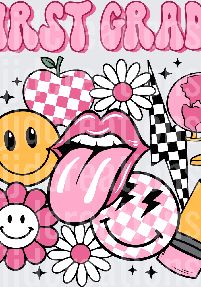 First Grade Pink Checkered School Supplies with Smiley Faces
