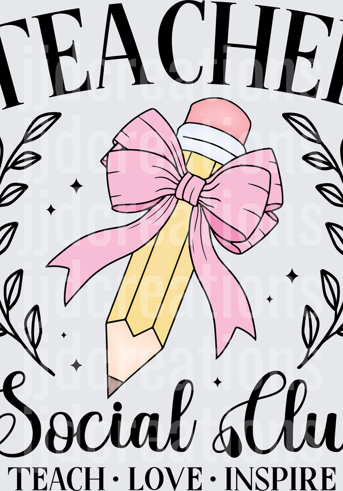 Teacher Social Club Pencil with Pink Bow and Laurel Wreath Design