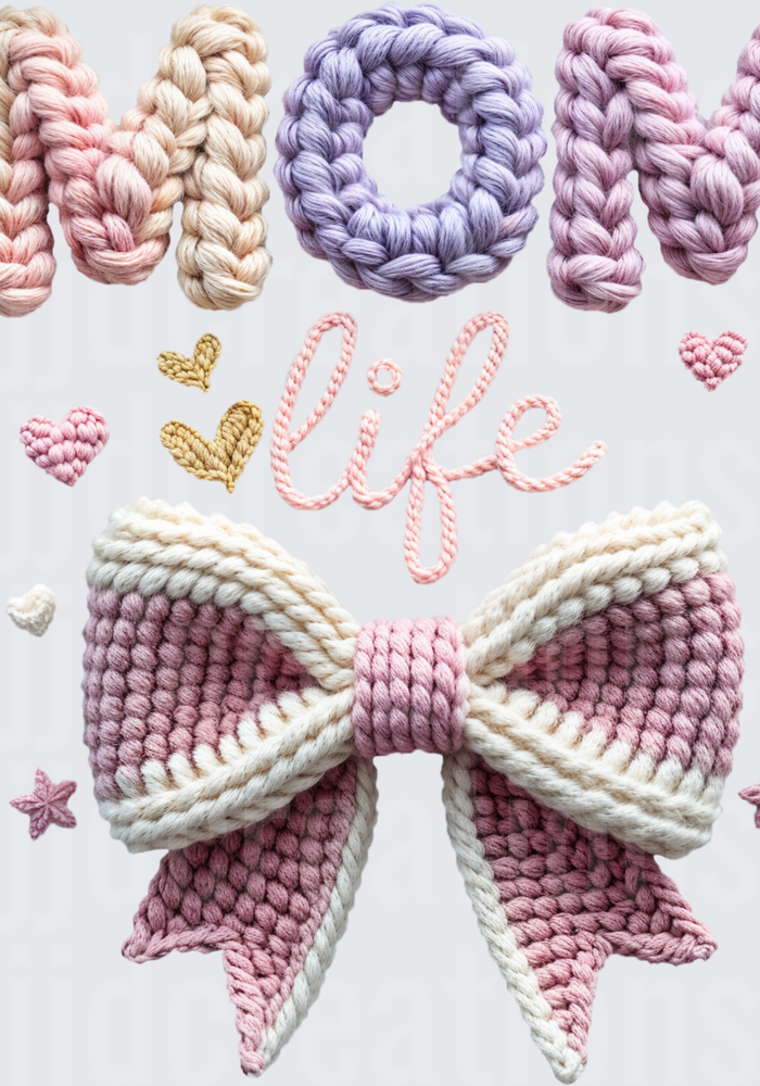 Mom Life Chunky Knit Yarn Text with Pink Bow and Hearts