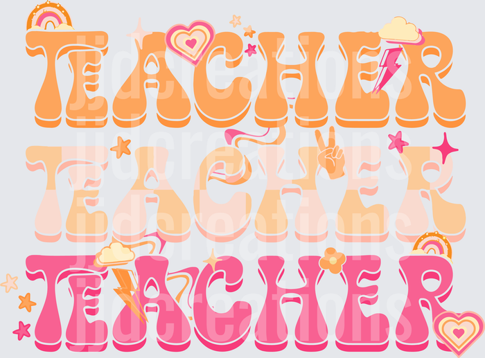 Teacher Vibes Retro Gradient Typography with Hearts and Stars