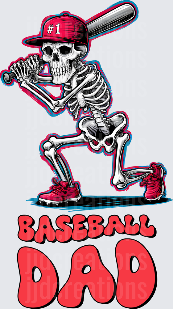 Baseball Dad Skeleton Batter with Red Cap and Cleats