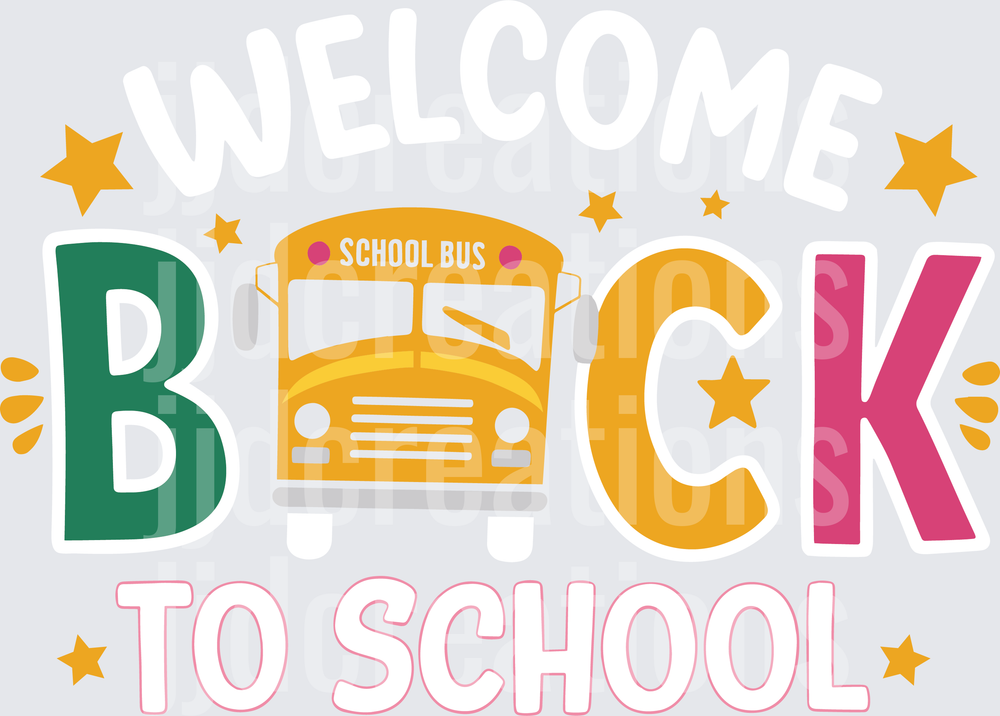 Back to School Yellow Bus with Colorful Letters and Stars
