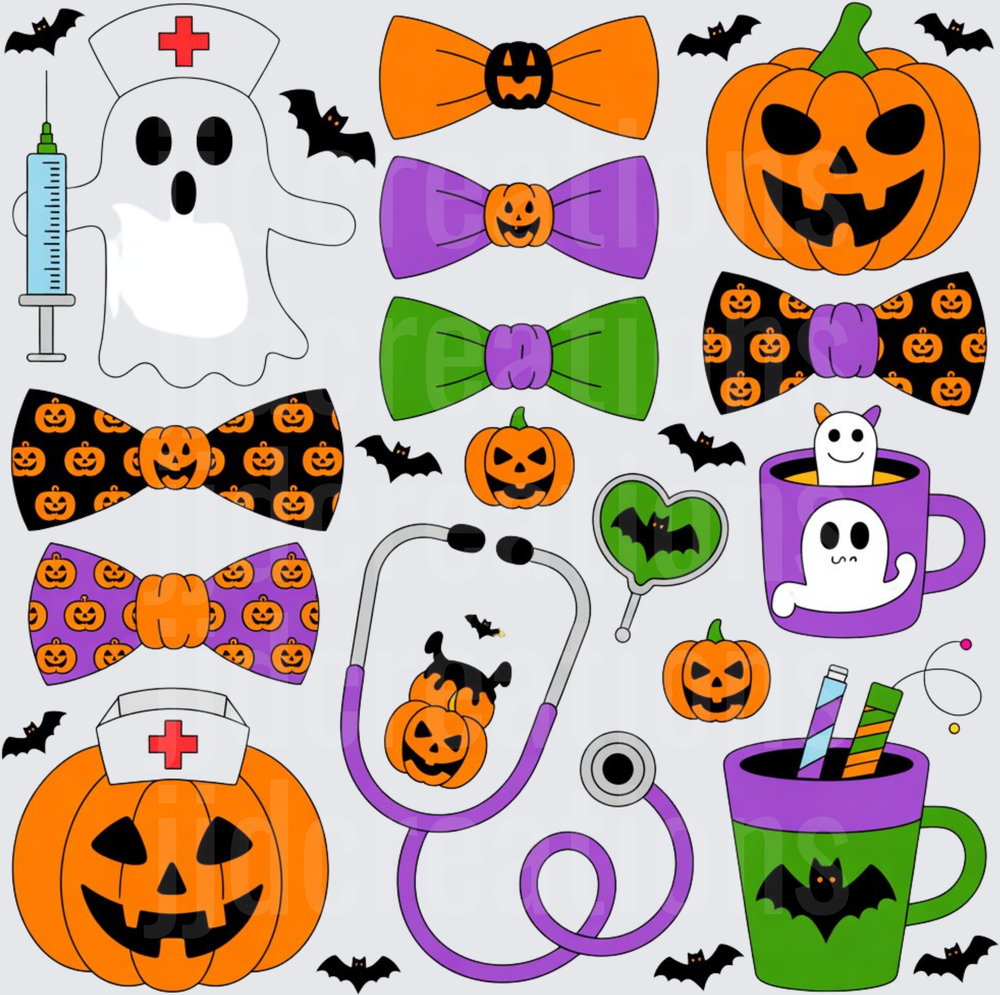 Halloween Medical Nurse Pumpkins Ghosts Bow Ties Stethoscope