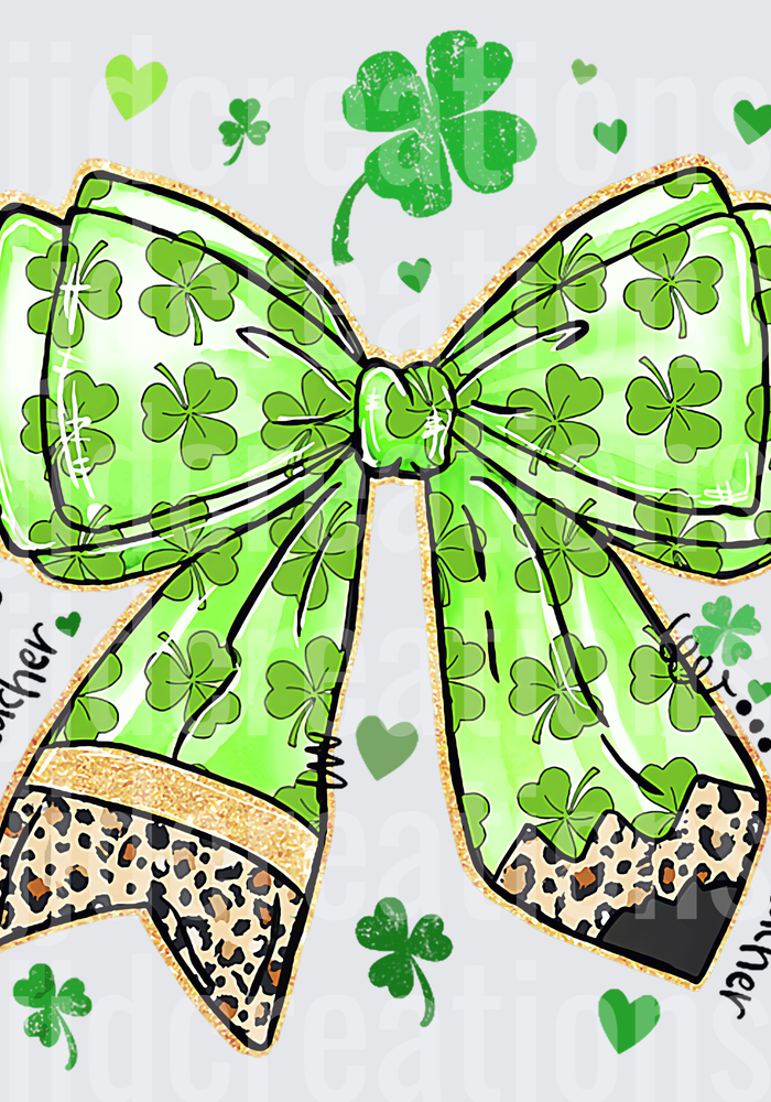 One Lucky Teacher Green Shamrock Bow with Leopard Print