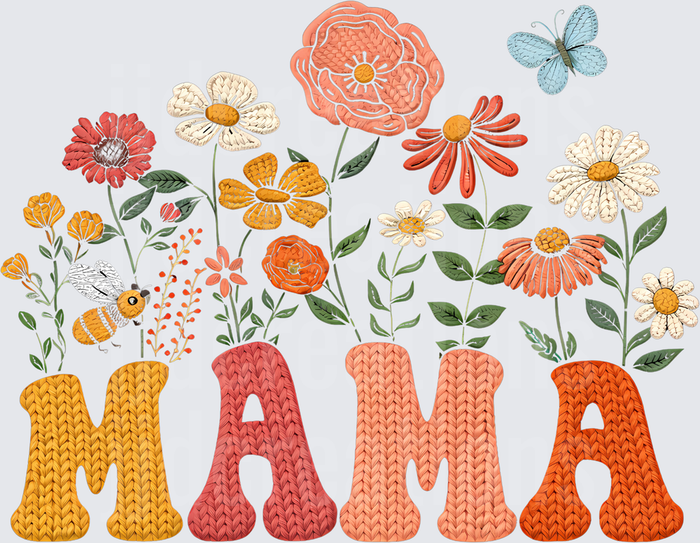 Mama Knitted Letters with Wildflowers and Bee Garden Design