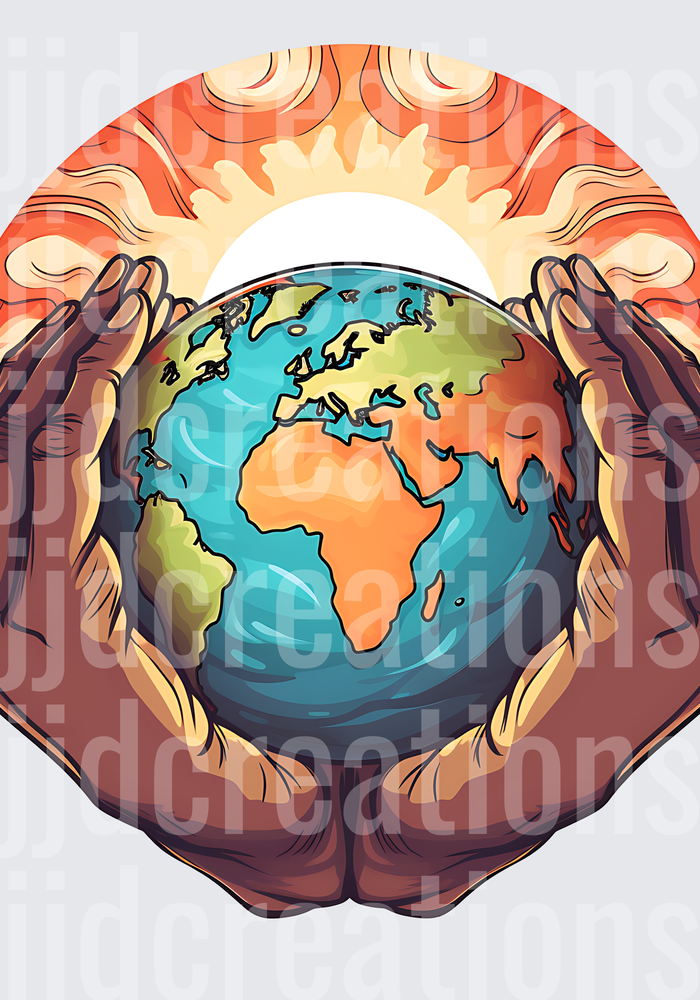 Protective Hands Cradling Earth Globe with Radiant Sun