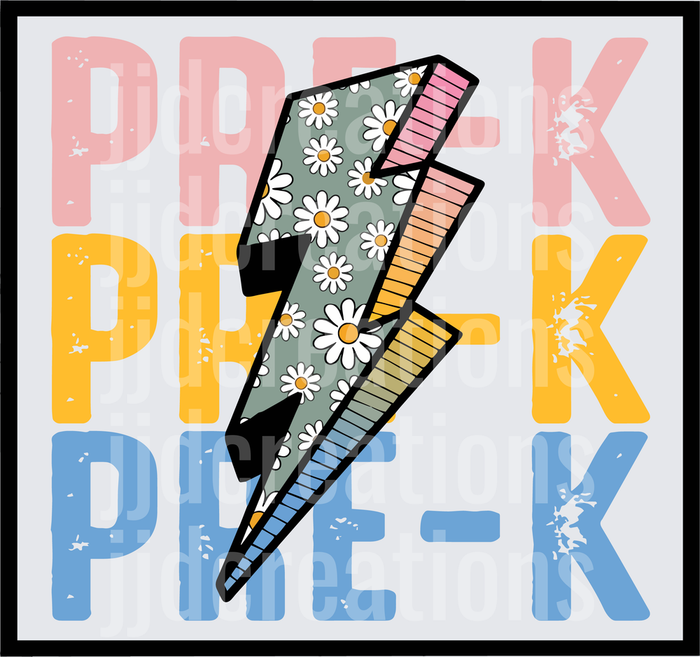 Pre-K Lightning Bolt with Daisy Flowers Retro Design