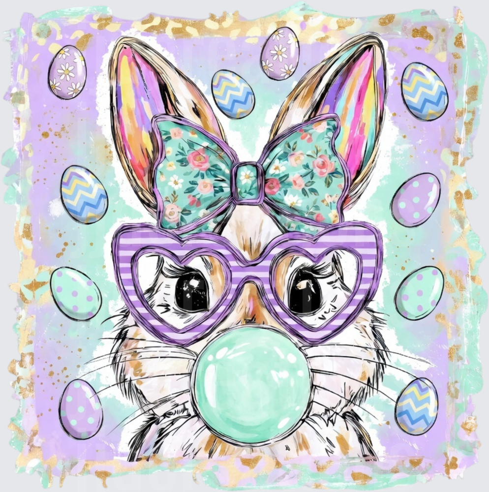 Easter Bunny with Heart Glasses Blowing Bubble Gum
