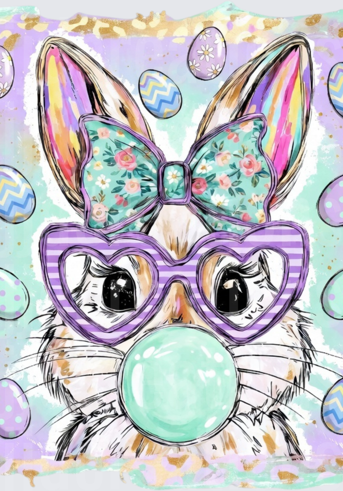 Easter Bunny with Heart Glasses Blowing Bubble Gum