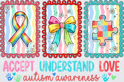Accept Understand Love Autism Awareness Rainbow Ribbon Bow Puzzle Piece