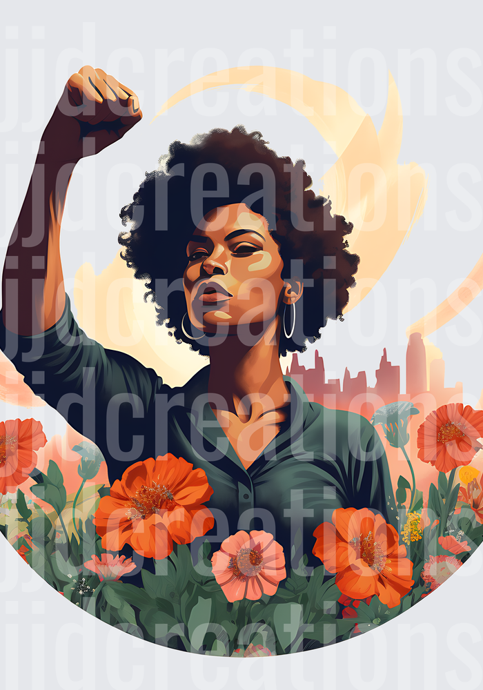 Strong African American Woman with Raised Fist and Orange Flowers