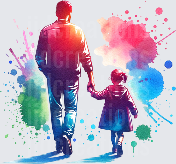 Father and Child Walking Hand in Hand Watercolor Silhouette