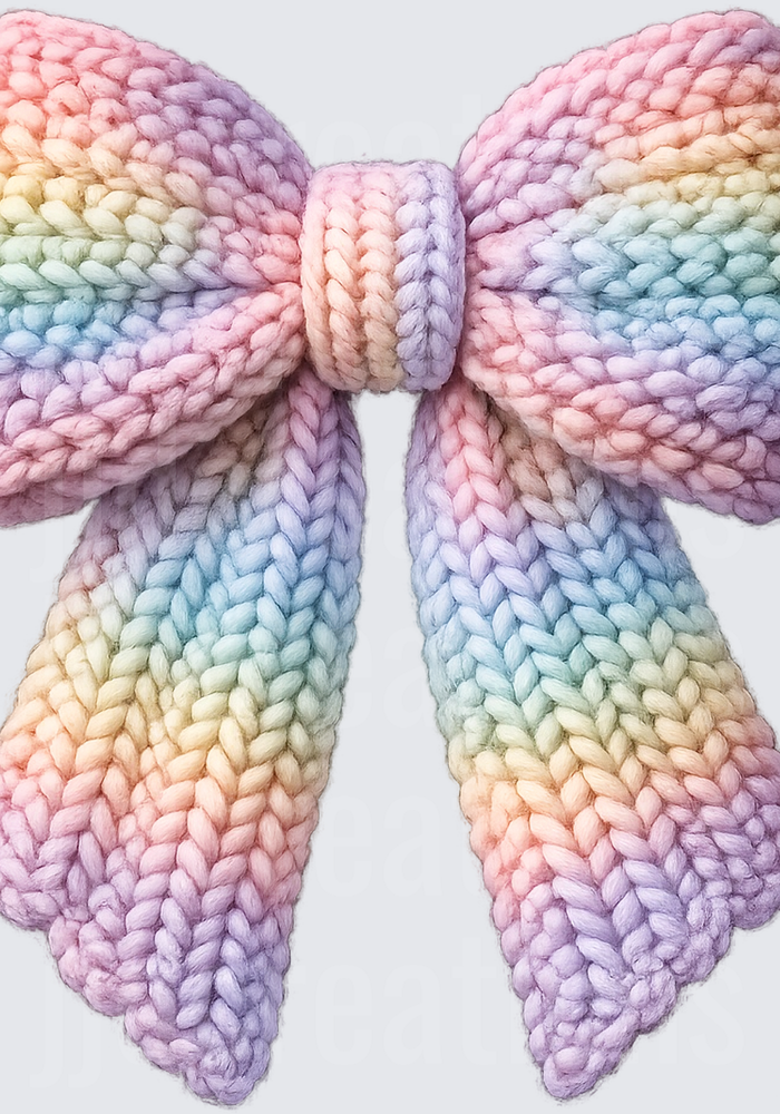 Rainbow Pastel Knitted Bow with Chunky Yarn Texture