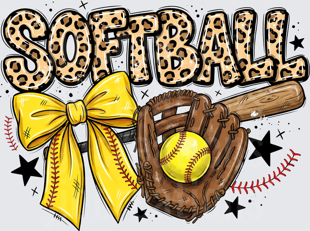 Leopard Print Softball Text with Yellow Bow and Glove