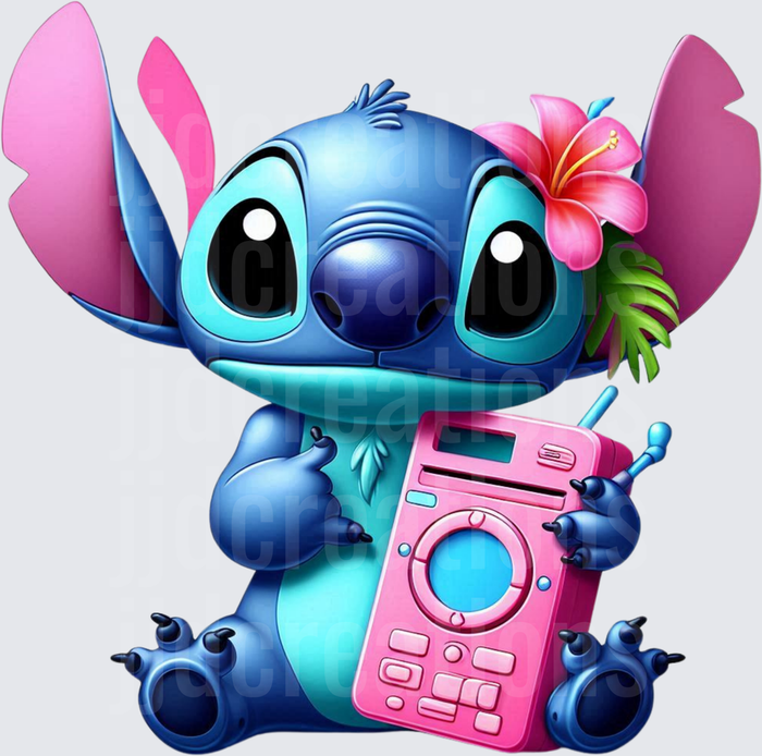 Stitch with Pink Hibiscus Flower Holding Pink Camera