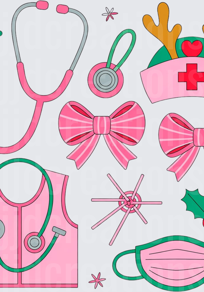 Christmas Medical Nurse Pink and Green Healthcare Icons