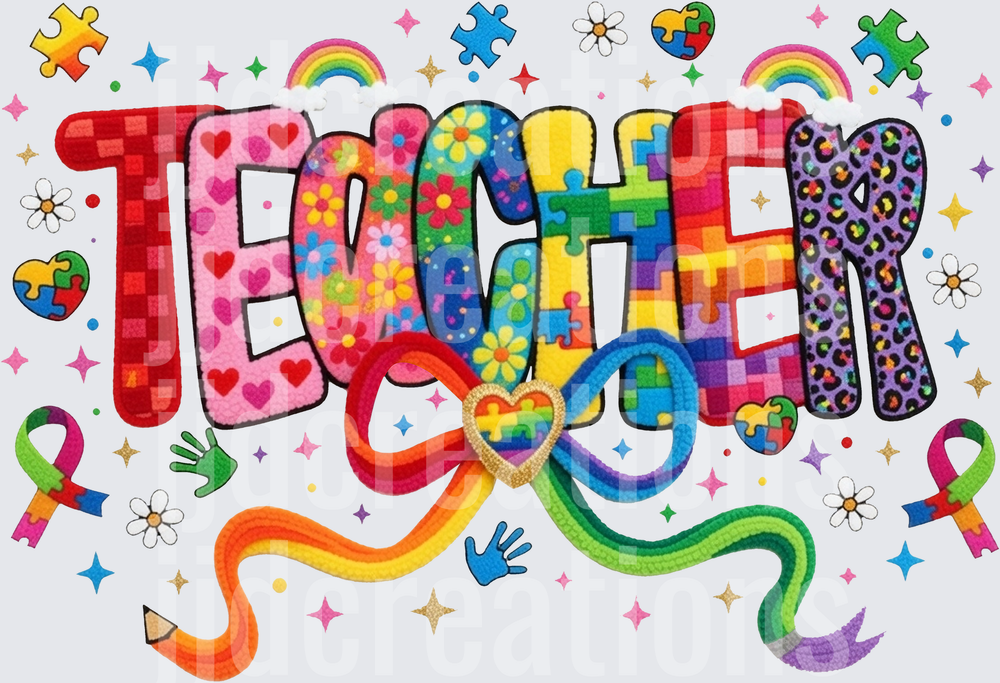 Teacher Autism Awareness Colorful Puzzle Piece Letters Design