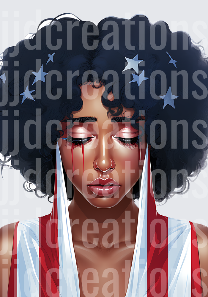 African American Woman with Natural Afro Hair and American Flag Tears Patriotic Portrait