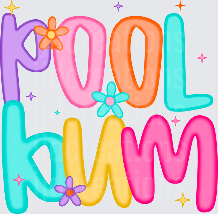 Pool Bum Rainbow Bubble Letters with Flower Accents and Stars