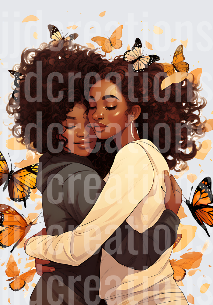 Beautiful Black Woman with Curly Hair and Orange Butterflies