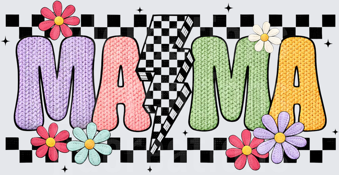 MAMA Retro Knit Style Letters with Colorful Flowers and Checkered Pattern