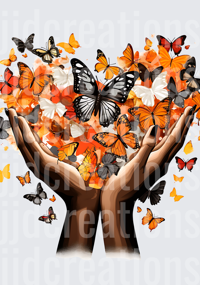 Hands Releasing Orange and Black Butterflies with Watercolor Splash