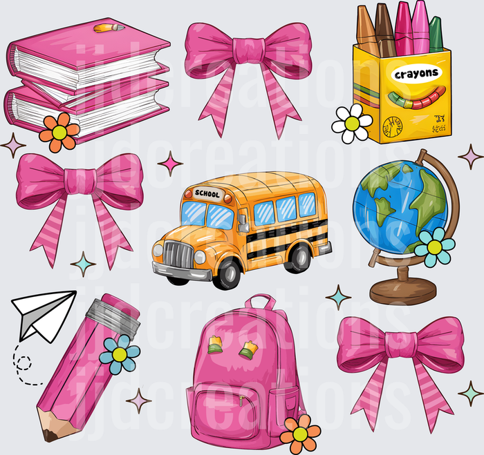 School Supplies Pattern with Pink Bows Books Crayons School Bus Globe Backpack