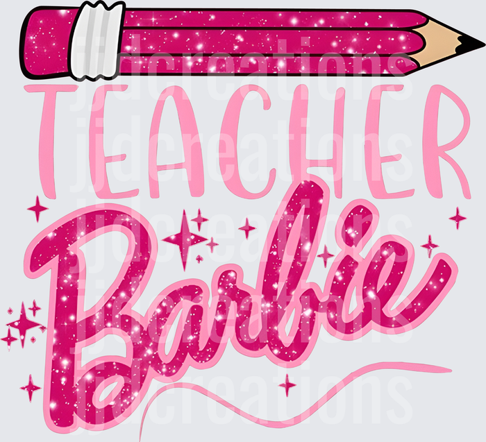 Pink Glitter Teacher Barbie Pencil Design with Sparkles