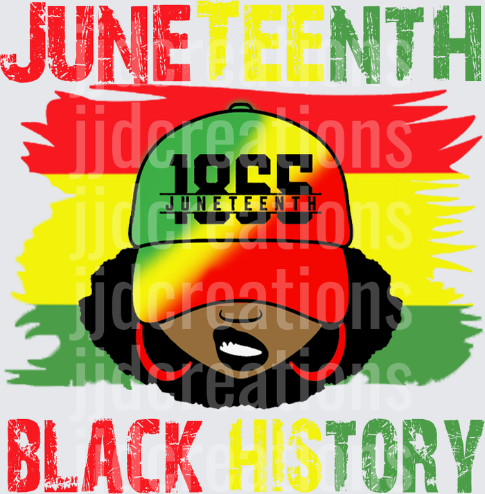 Juneteenth 1865 Black History Celebration Design with African American Woman in Rastafarian Colors