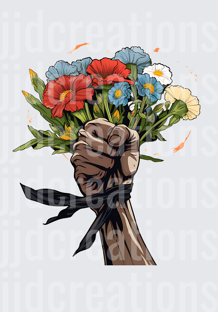 Raised Fist Holding Colorful Wildflower Bouquet with Black Ribbon