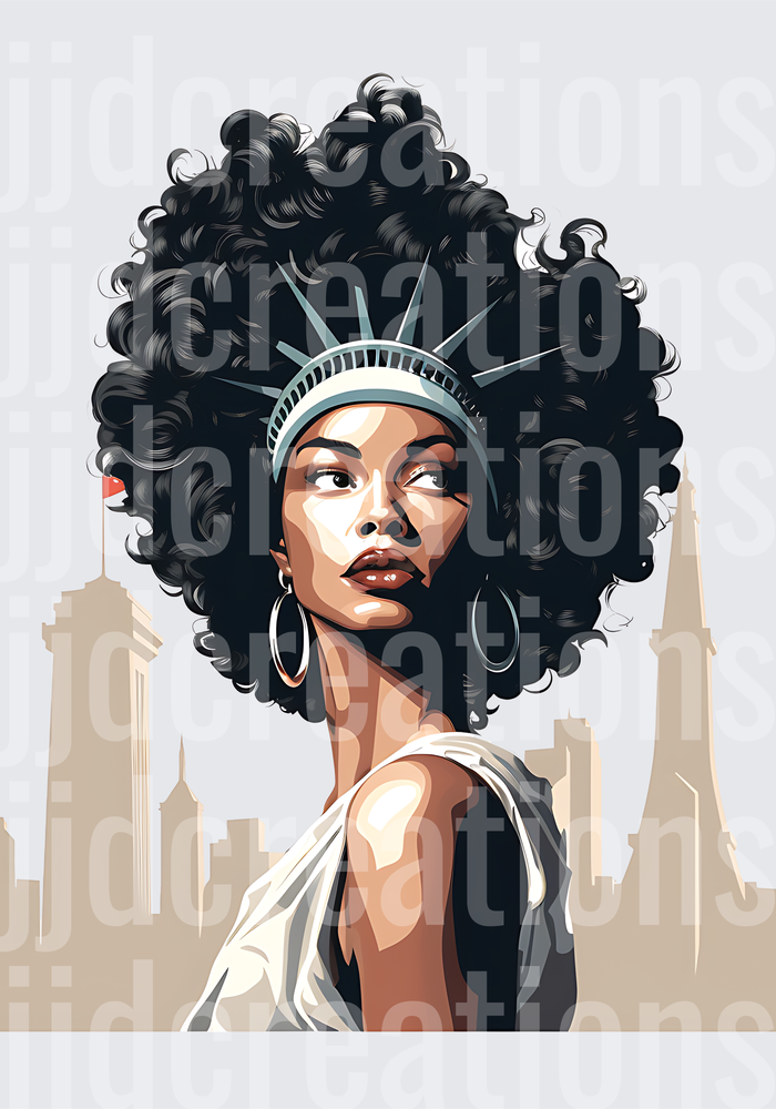 African American Woman with Statue of Liberty Crown and Afro Hair Against NYC Skyline