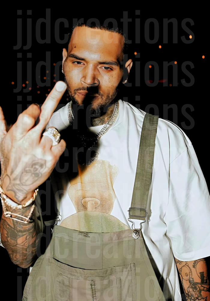 French Montana Peace Sign Portrait with Tattoos and Chains