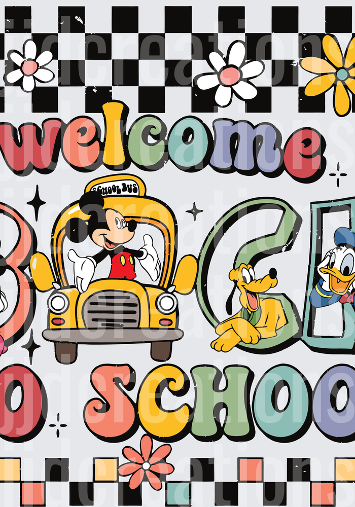 Welcome Back to School Disney Characters with Mickey Mouse School Bus