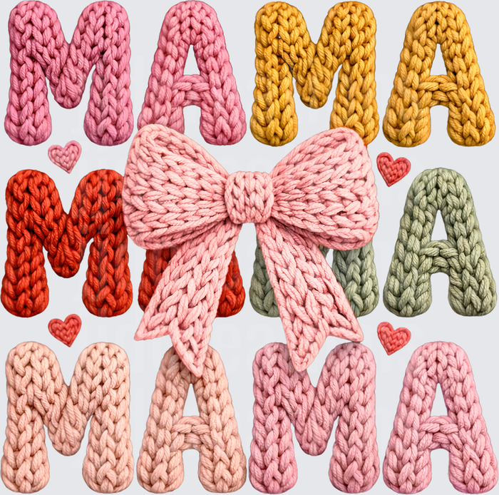 Knitted MAMA Letters with Pink Bow and Hearts Design