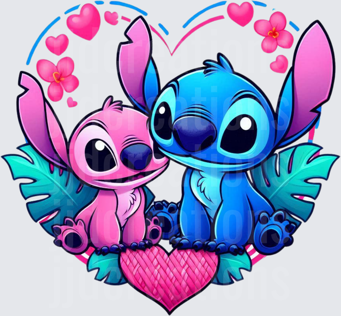 Stitch and Angel Love Heart with Tropical Flowers