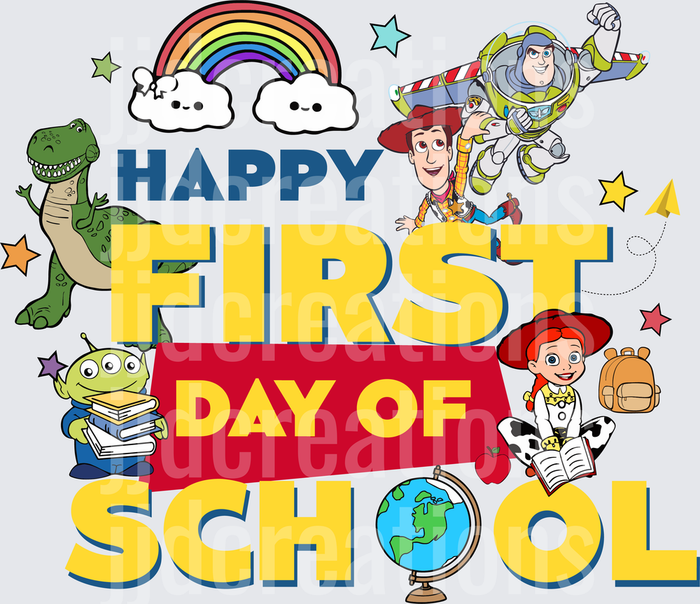 Happy First Day of School Toy Story Characters with Rainbow