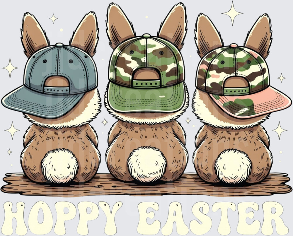 Three Bunnies in Baseball Caps Hoppy Easter Design