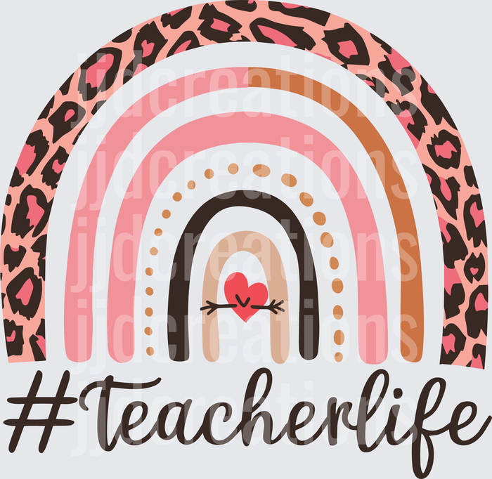 Teacher Life Rainbow with Pink Leopard Print and Heart