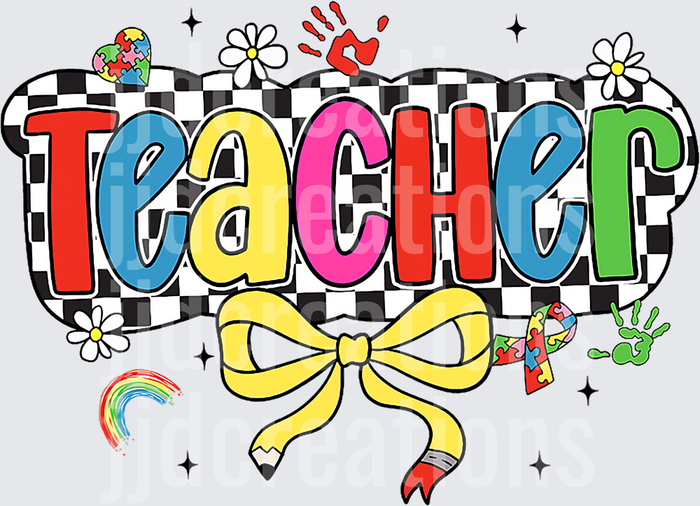 Teacher Checkered Flag Yellow Bow Autism Awareness Design