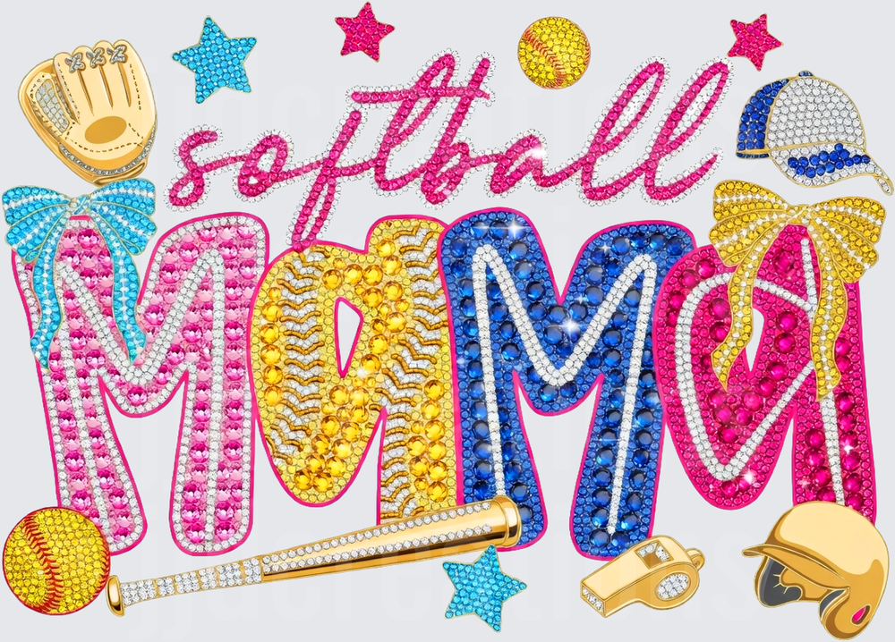 Softball Mom Rhinestone Sparkle Design with Sports Equipment