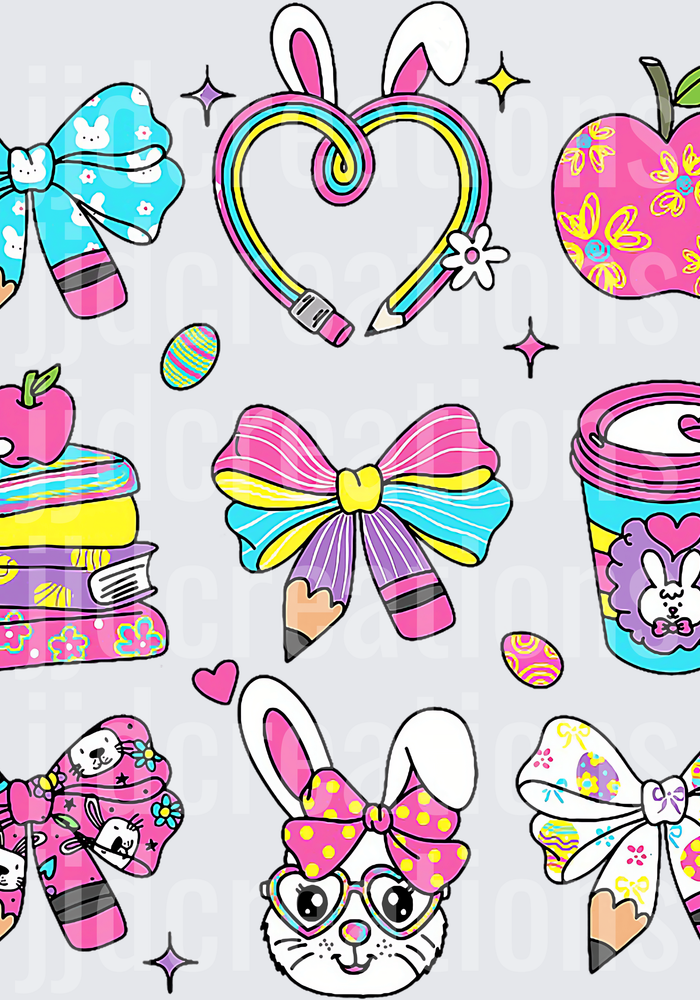 Cute School Supplies Sticker Pack with Bows Pencils Books Apple Coffee Cup Cat