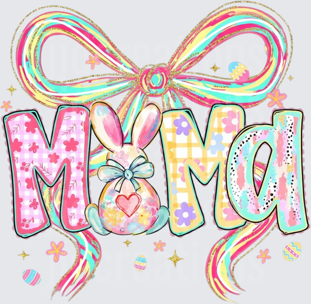 MAMA Easter Bunny with Colorful Bow and Eggs Design
