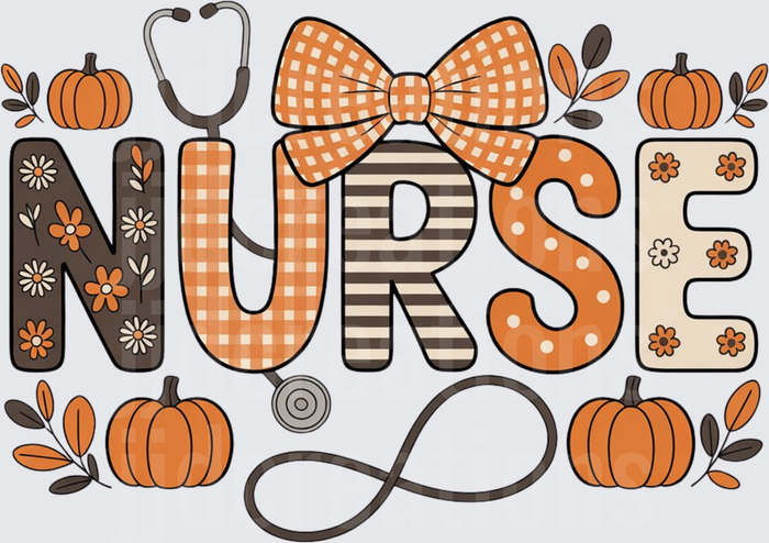 NURSE with Orange Gingham Bow Tie Stethoscope Fall Pumpkins