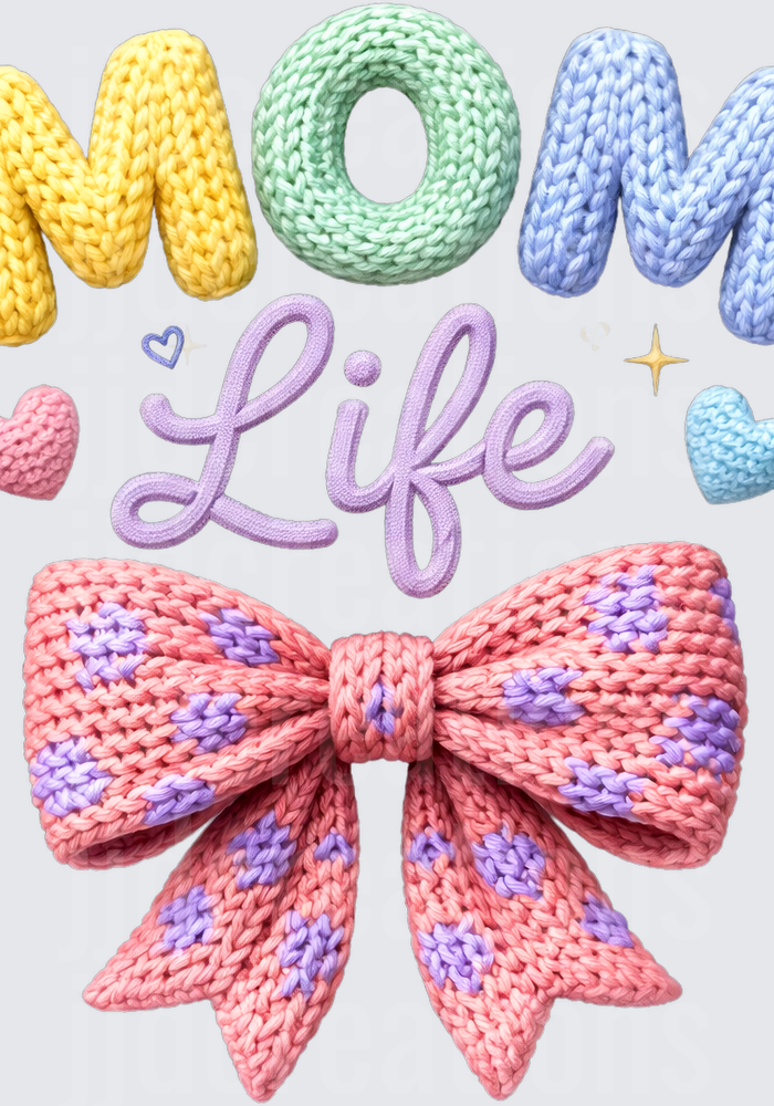 Mom Life Knitted Yarn Bow Hearts Craft Design