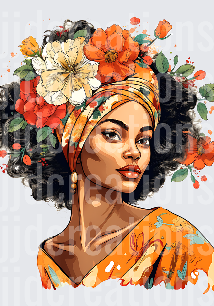Beautiful African Woman with Orange Headwrap and Floral Hair