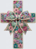 Embroidered Floral Cross with Rope Border and Bow