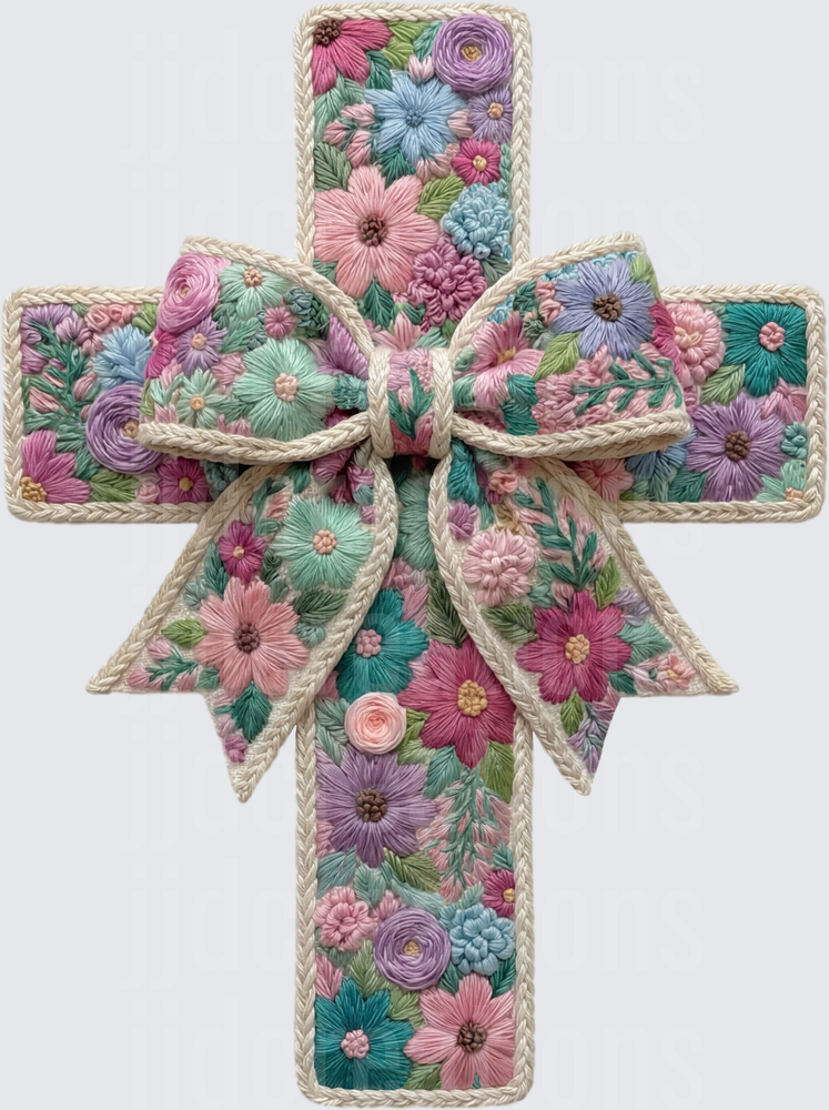 Embroidered Floral Cross with Rope Border and Bow
