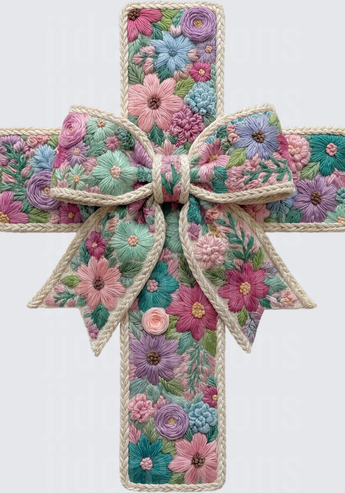 Embroidered Floral Cross with Rope Border and Bow